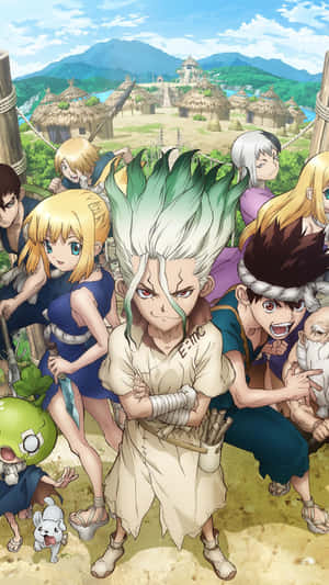 動畫角色在村莊中，背後有山脈。 — Dr.STONE 新石紀 壁紙