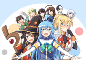 一群穿著奇幻服裝的動畫角色微笑著一起擺姿勢。 — 為美好的世界獻上祝福 壁紙