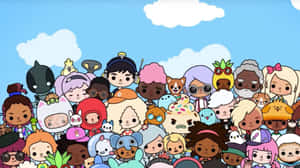一群多元化的Q版卡通人物在藍天白雲下。 — 托卡生活 壁紙