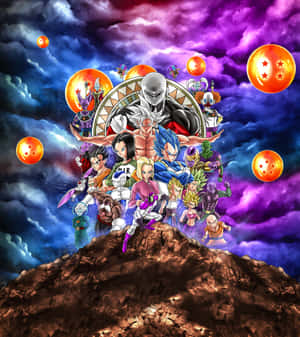 龍珠角色聚集在山頂上，背景是宇宙天空，漂浮著龍珠。 — 小米 Mix Fold 4 壁紙