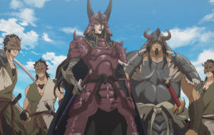 帶角和盔甲的動漫戰士在藍天下排成一排。 — 混沌武士 壁紙