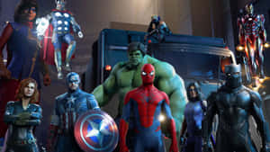 像Hulk、Spider-Man和Iron Man這樣的Marvel超級英雄在高科技城市環境中英勇地擺姿勢。 — 漫威超級英雄 壁紙