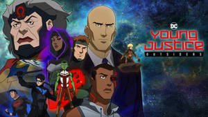 Young Justice Outsiders動畫超級英雄團隊在星空太空背景下。 — 少年悍將 壁紙