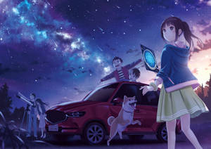 動漫群體與狗和汽車在星空下（有望遠鏡） — 止水 壁紙