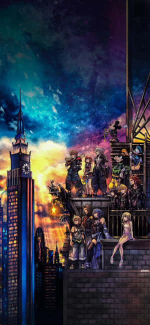 動漫角色在屋頂上俯瞰黃昏時分的城市。 — OnePlus 12 壁紙