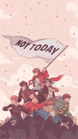 動漫男孩舉著一面「NOT TODAY」旗幟，周圍飄落著五彩紙屑。