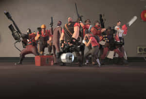 一群動畫傭兵在房間裡手持武器。 — Tf2 壁紙