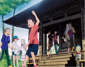 動畫小孩興奮地聚集在日本寺廟入口處。 — 狂歡三寶 壁紙