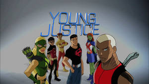 Young Justice 超級英雄團隊在漸變背景前英勇擺姿勢。 — 傳說對決英雄 壁紙