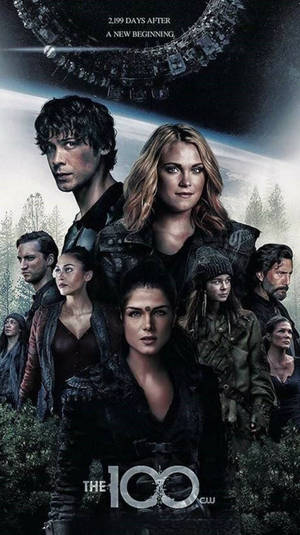 電視劇《The 100》的演員們站在森林中，上方有太空站。 — 科幻 壁紙