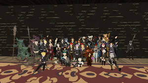 動漫角色穿著奇幻服裝在室內圖案地毯上擺姿勢。 — Vrchat 壁紙