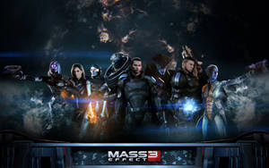 身穿裝甲的科幻角色，手持發光武器，以宇宙星雲為背景。 — 質量效應 壁紙