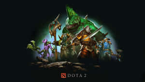 一群 Dota 2 奇幻英雄和一個巨大的綠色怪物站在一起。 — 電玩遊戲 GIF 壁紙