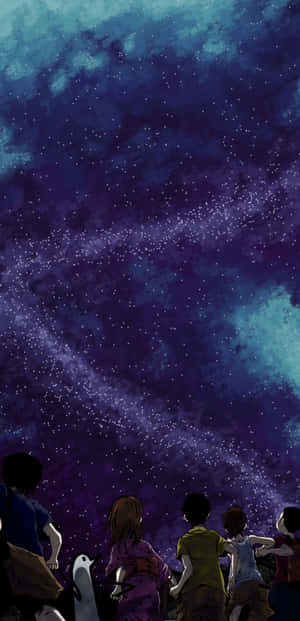 孩子和一隻企鵝仰望有宇宙雲的星空夜空。 — 日本動漫 壁紙