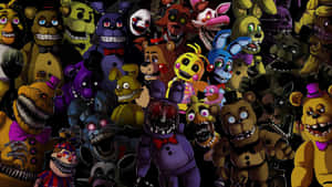 一群來自Five Nights at Freddy's的可怕電子動畫角色，擁有發光的眼睛。 — 惡夢佛萊迪 壁紙