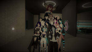 在黑暗的未來走廊中帶有發光光環的動漫角色。 — Vrchat 壁紙