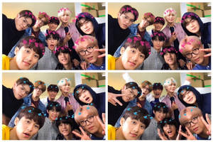 K-pop 團體自拍拼貼，頭上帶有心形濾鏡。