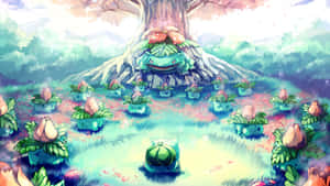 Bulbasaur 家庭在巨樹下的森林空地 — 動漫 壁紙