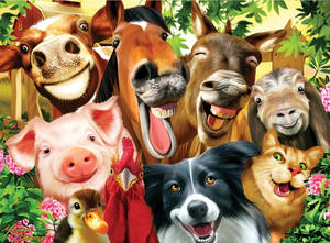 一群在花園中微笑的快樂農場動物。 — 可愛動物動圖 壁紙