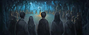 一群戴著兜帽的人物在黑暗森林中觀看魔法儀式。 — 魔法森林 壁紙