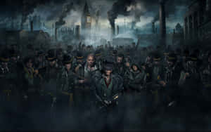 一群黑暗的維多利亞時代叛亂分子在大笨鐘附近的煙霧倫敦街道上行進。 — MacBook Air M1 壁紙