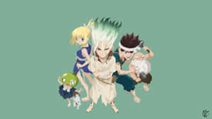 五個動漫角色，髮色和服裝各異，在青色背景上。 — Dr.STONE 新石紀 壁紙