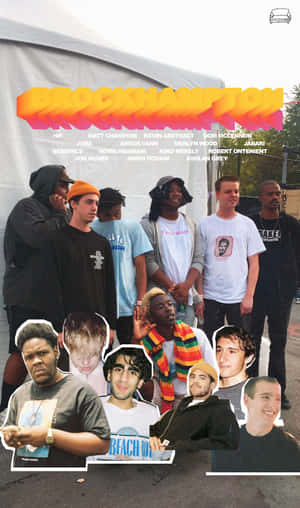 Brockhampton 樂團成員穿著街頭服在白色帳篷下擺姿勢，並列出他們的名字。 — Lenovo Tab One 壁紙
