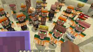 像素化的Minecraft村民穿著橙色、綠色和棕色服裝聚集在沙地村莊。 — 我的世界苦力怕 壁紙