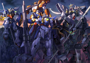 一群機甲機器人在暮色中站在岩石地形上，眼睛發光，手持武器。 — 機動戰士鋼彈 壁紙