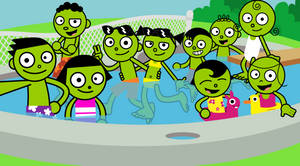 綠色卡通小孩在後院游泳池裡快樂地玩耍。 — Pbs Kids 壁紙