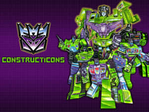 一群綠色和紫色的 Constructicons 機器人，帶有 Decepticon 標誌，背景為紫色網格。 — 機器人 壁紙