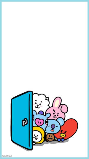 BT21角色從藍色門後探出頭來。 — 廚奇 BT21 壁紙
