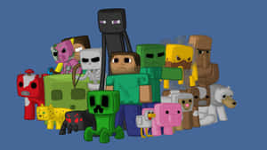 Minecraft角色，包括Steve、殭屍、苦力怕和動物，以方塊風格呈現。 — 我的世界 壁紙