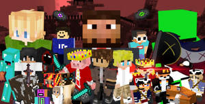 一群穿著鮮豔服裝的Minecraft像素角色站在一起。 — 夢核 壁紙