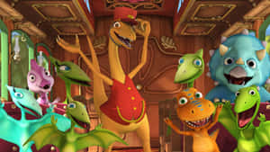 一群動畫恐龍在火車上開心地擺姿勢。 — Pbs Kids 壁紙