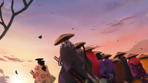 身穿傳統服飾的動畫武士在色彩繽紛的夕陽天空下行走，落葉飄落。 — 忍者 要塞英雄 壁紙