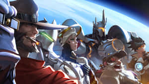 身穿太空裝備的《鬥陣特攻》英雄團隊在星球前擺姿勢。 — 電玩遊戲 GIF 壁紙