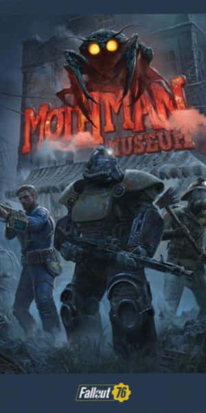 Fallout 76 玩家穿著動力裝甲，在廢墟城市中面對一個巨大的發光眼睛怪物。 — Pixel 3 壁紙