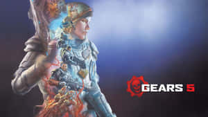 Gears 5遊戲封面，特色是裝甲士兵、發光的紅色能量和骷髏標誌。 — 電玩遊戲 GIF 壁紙