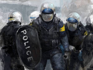 身穿防暴裝備的警察在緊張的城市場景中手持盾牌。 — 警察 GIF 壁紙