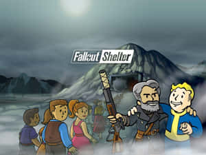 Fallout Shelter遊戲角色在末日背景下離開山區掩體。 — 異塵餘生 GIF 壁紙