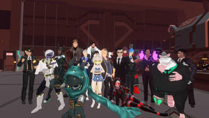 一群穿著未來主義服裝的動漫角色在科幻機庫中擺姿勢。 — Vrchat 壁紙