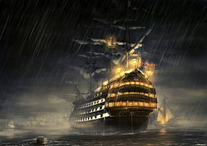 一艘大船帶著發光的窗戶，在暴風雨的夜海中冒著大雨航行。 — 幽靈船 壁紙
