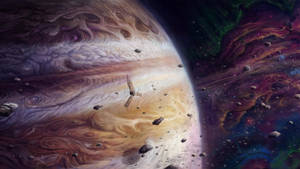 太空船在木星風暴大氣層中航行，背景有小行星和彩色星雲。 — 木星 GIF 壁紙