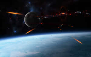 太空船在藍色行星上方的月球附近的太空中發射武器。 — 4K 星際大戰 壁紙
