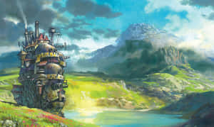 蒸氣龐克飛船在湖邊草地上，附近有山脈 — 城堡動畫 壁紙