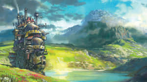 蒸氣龐克飛船、草地、湖、山、雲 — 可愛動漫 壁紙