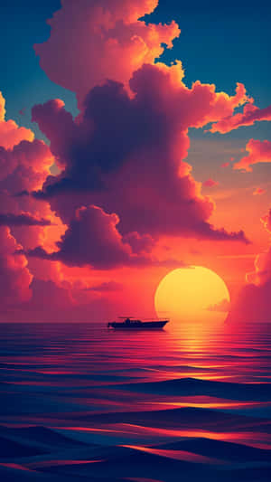 一艘小船在平靜的水面上漂浮，夕陽西下，雲彩繽紛，陽光燦爛。 — 日落 壁紙