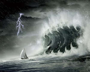 帆船在雷暴中面對巨浪 — 海洋 壁紙