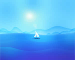 陽光明媚下平靜藍色海面上的帆船，遠方有山丘 — 海洋藍 壁紙